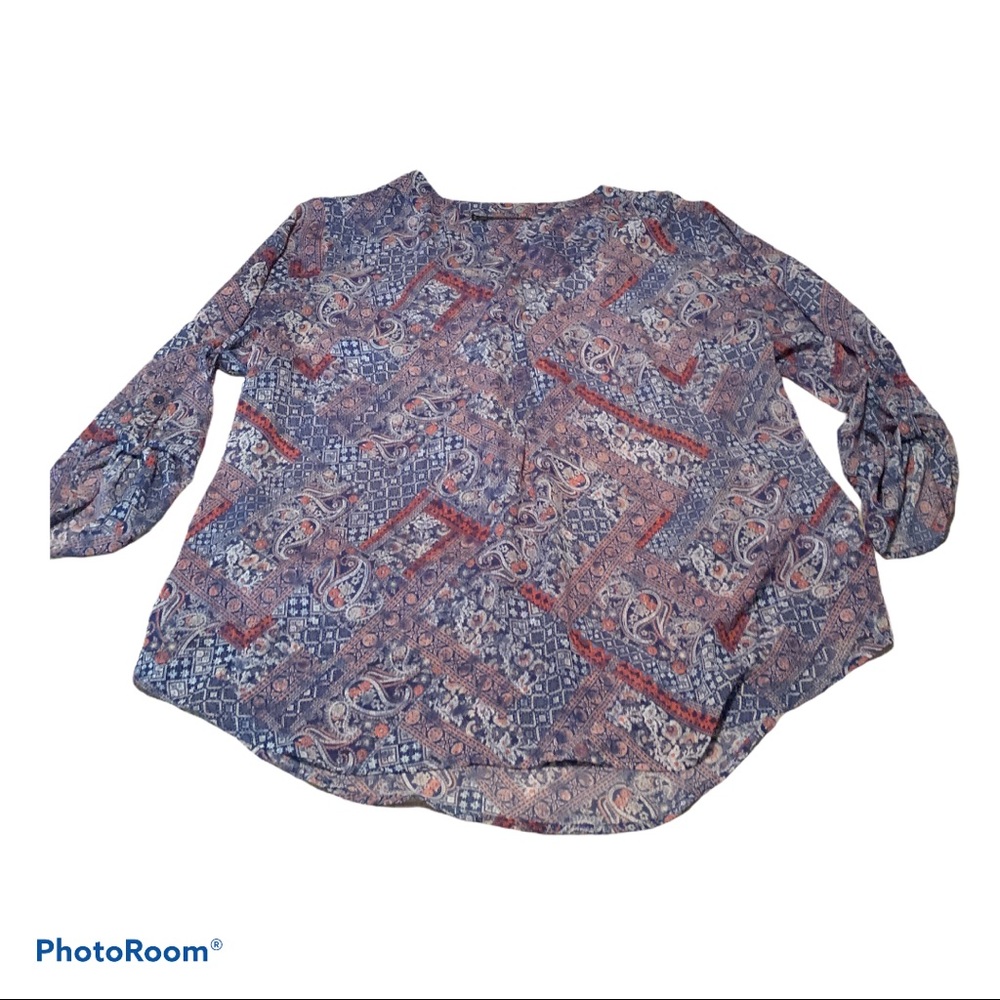 Maurice’s Plus 2 Sheer Blue, White & Pink Blouse